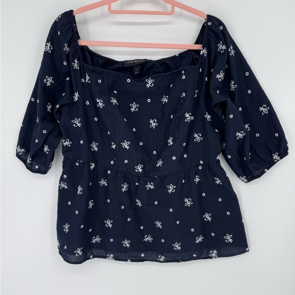 Lane Bryant Women's Embroidered Navy Cotton Floral Puff Sleeve Blouse Size 14